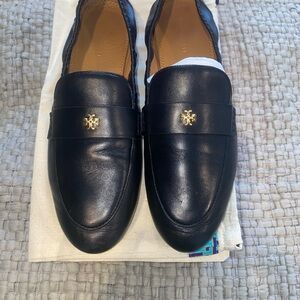 Tory Burch Black Leather Ballet Loafers with Gold Emblem